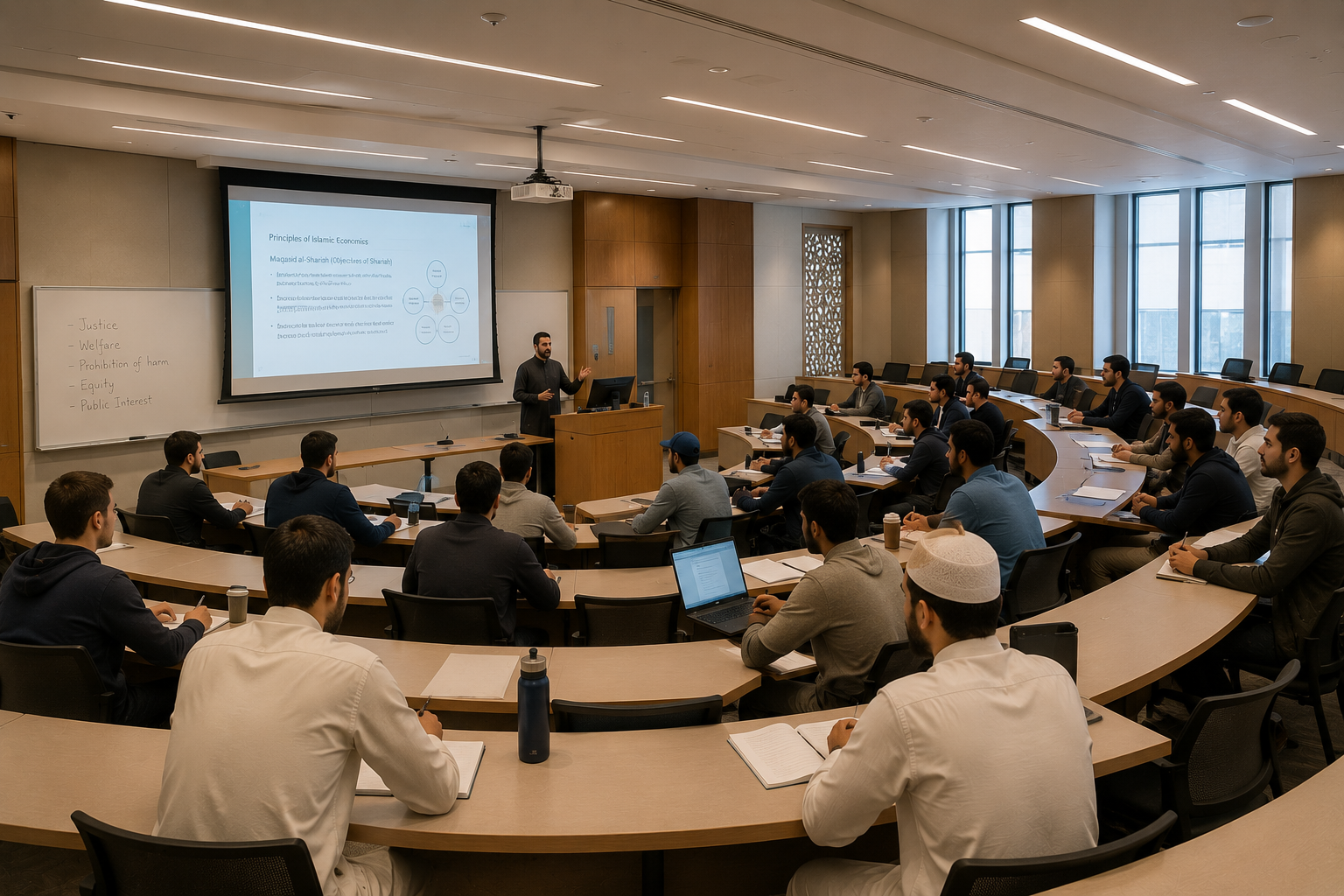 Business professional presenting data charts on a large screen in a modern office, while another colleague takes notes.