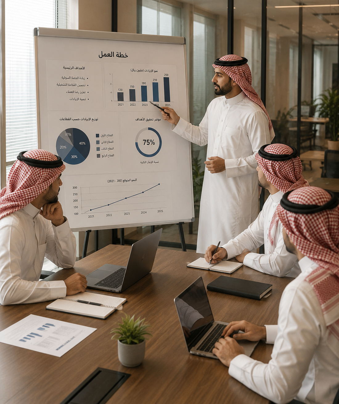 Three professionals standing and discussing documents in a modern office